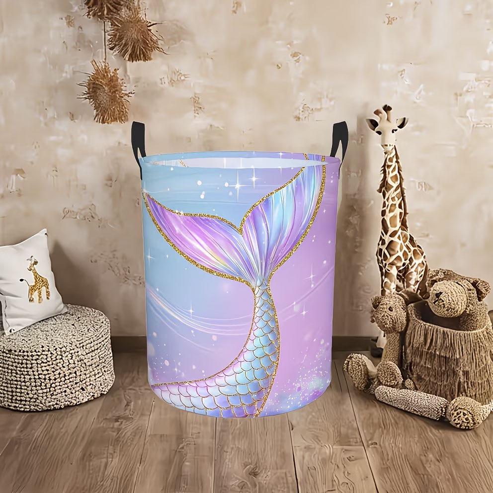 Gradient Mermaid Tail Print Foldable Laundry Basket with Handle for Bathroom Storage