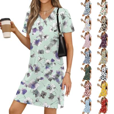 Women's Casual V-neck Short Sleeve Split Hem Floral Print Dress