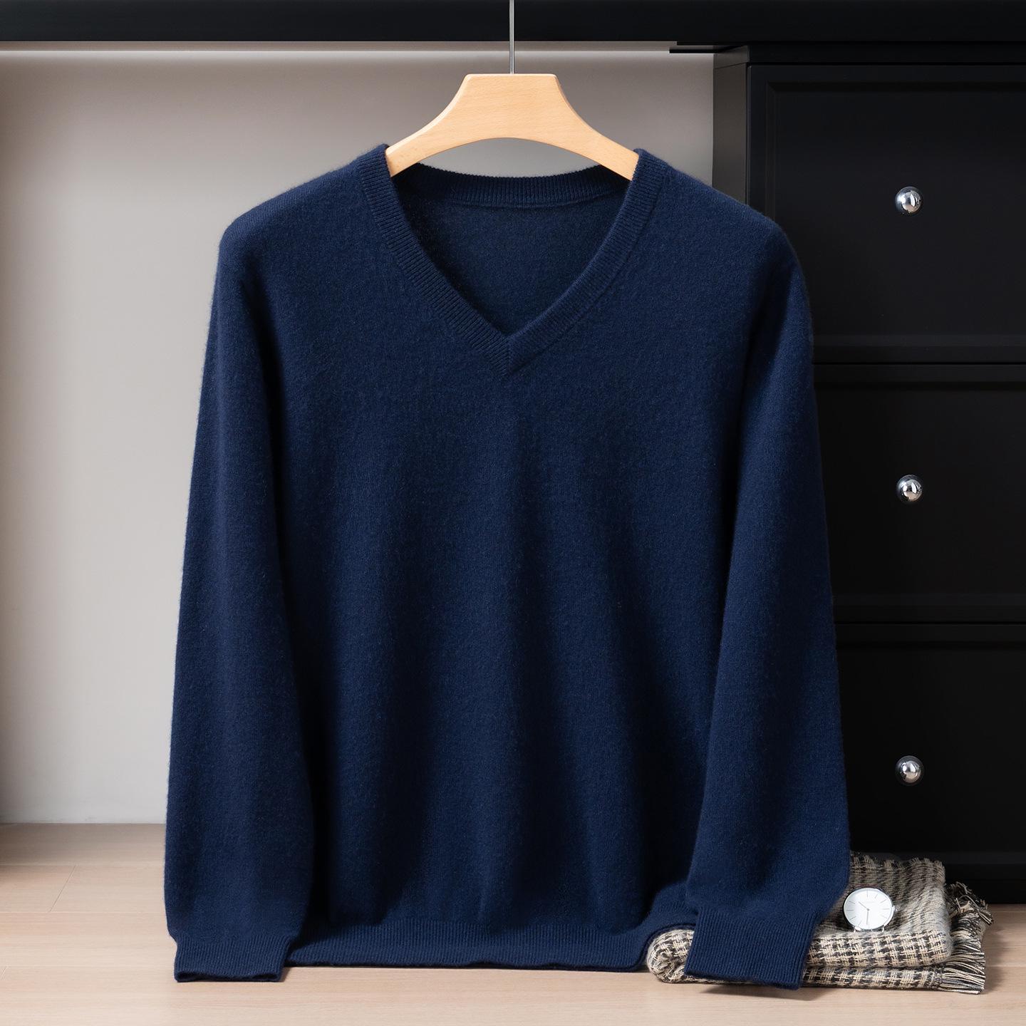 

Men s 100% Cashmere V-Neck Sweater Solid Color Base Layer Business Casual Knitwear - Autumn/Winter New Arrival XXL