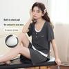 Ice Silk Ribbed Women's Sleepwear Set with Chest Pads – Short Sleeve & Shorts, Casual Wear, Indoor/Outdoor Comfort