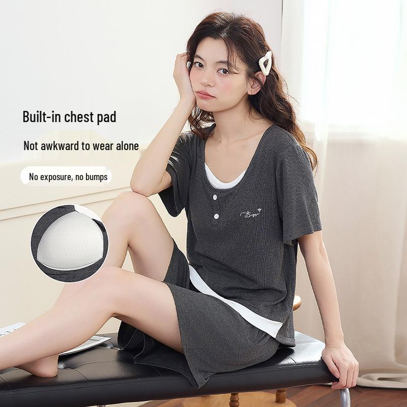 Ice Silk Ribbed Women's Sleepwear Set with Chest Pads – Short Sleeve & Shorts, Casual Wear, Indoor/Outdoor Comfort