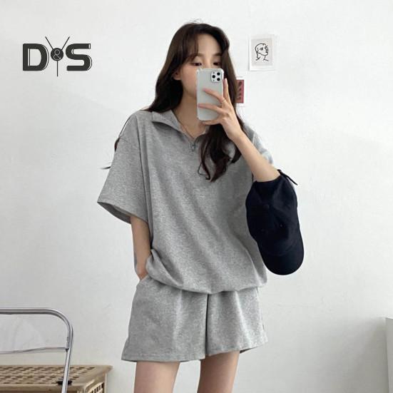 2 Teile/satz Sweatshirt Shorts Set Lose Einfarbig Revers Halbarm Taschen Elastische Taille Zipper Kragen Atmungsaktive Weiche Sommer Trainingsanzug