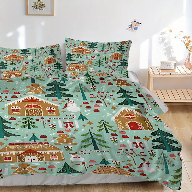 3pcs Christmas Holiday Gift, Gingerbread House Bedding Set with 1 Quilt Cover and 2 Pillowcases (No Core), Festive Decorative Polyester Fabric