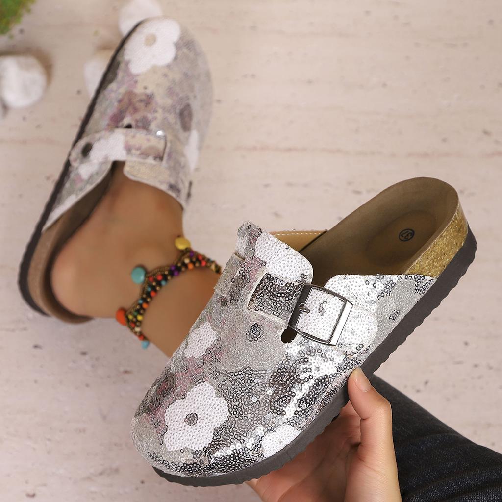 2025 New Women Slippers Casual Non Slip Flat Sandals Spring Sequined Half Slippers with Cork Toe Comfortable Shoes Slides Women