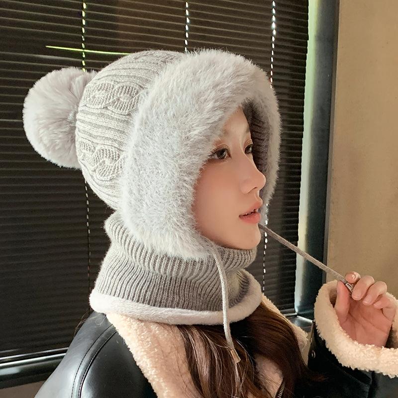 New Velvet Thick One-piece Hat Women's Winter Scarf Integrated Knitted Hat Outdoor Wind and Cold Warm Cycling Ear Hat