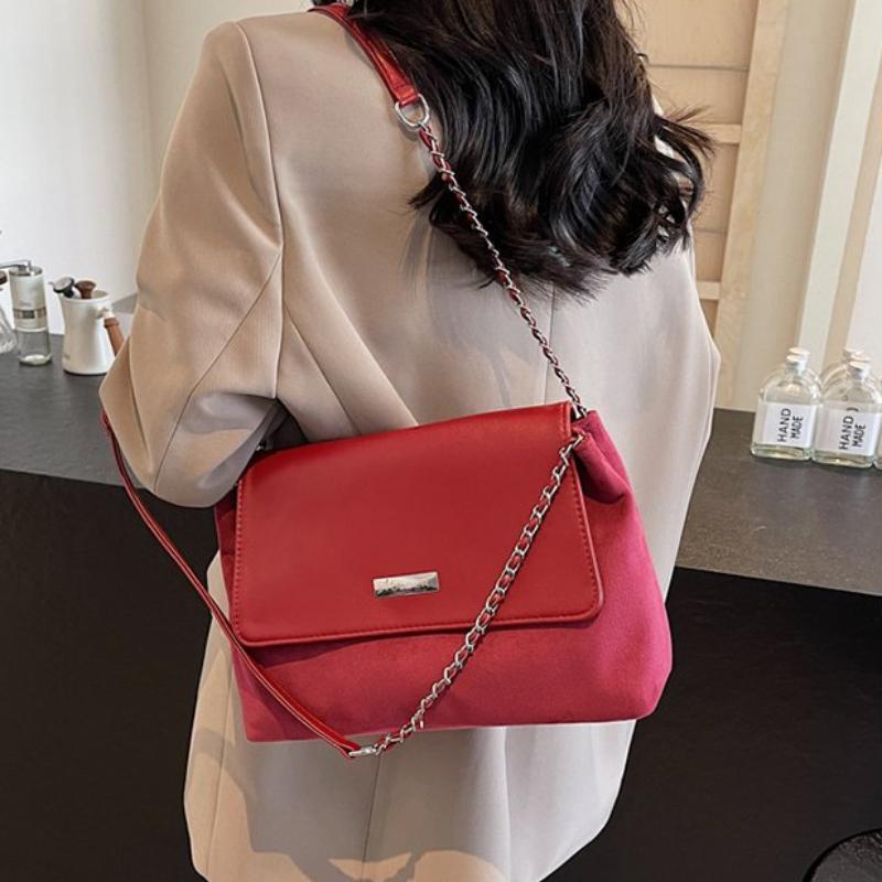 Fashionable PU and Faux Suede Solid Chains Sweet Shoulder Bags High Quality Warm Retro Simple Crossbody Bags for Women