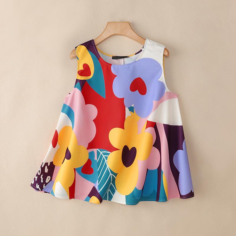 ZANZEA Women Casual Round Neck Loose Print Summer Sleeveless Tank Tops