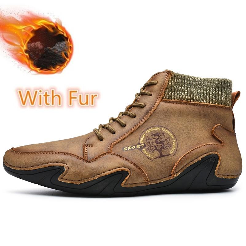 Hochwertige Herren Leder Stiefeletten Herbst Winter Plüsch Schneestiefel Lässige Flache Herrenstiefel Schnürschuhe Outdoor Warm Übergröße Schuhe