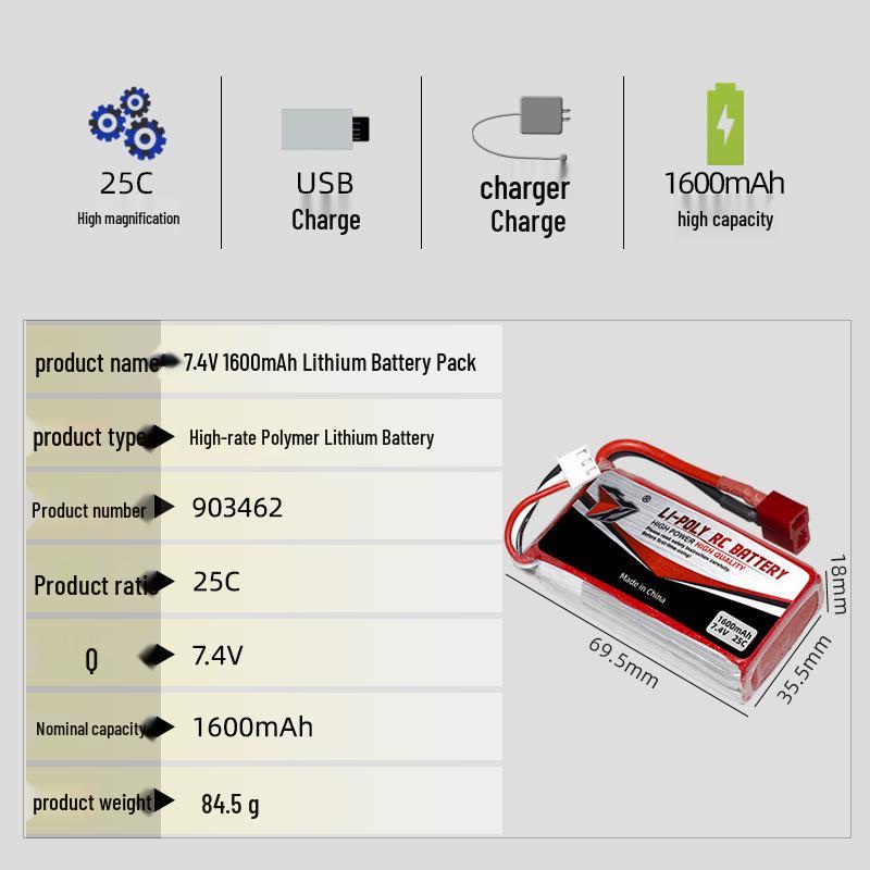 7.4V 1600mAh 25C Lithium Battery for Drones & Model Cars