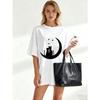 Black Oversized T Shirt With Cats On Moon Print For Casual Wear