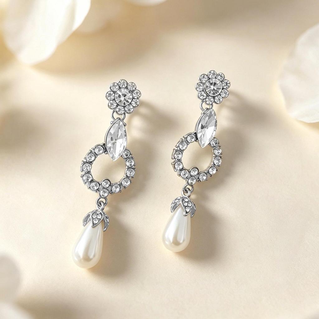 Elegant Silver-Tone Rhinestone Pearl Dangle Earrings - High-End Light Luxury Style