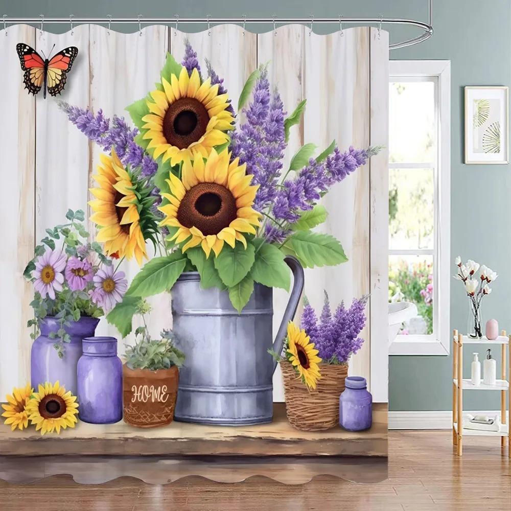 Spring Botanical Floral Shower Curtain Watercolour Style Floral Landscape Washable Fabric Bath Curtain Bathroom Decor With Hooks