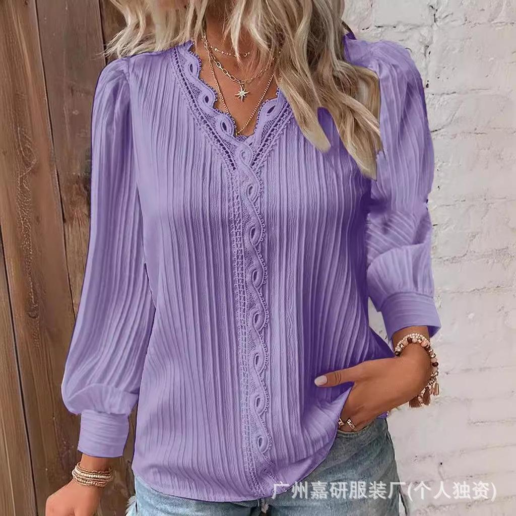 Women's V-Neck Long Sleeve Top with Lace Trim and Puff Sleeves