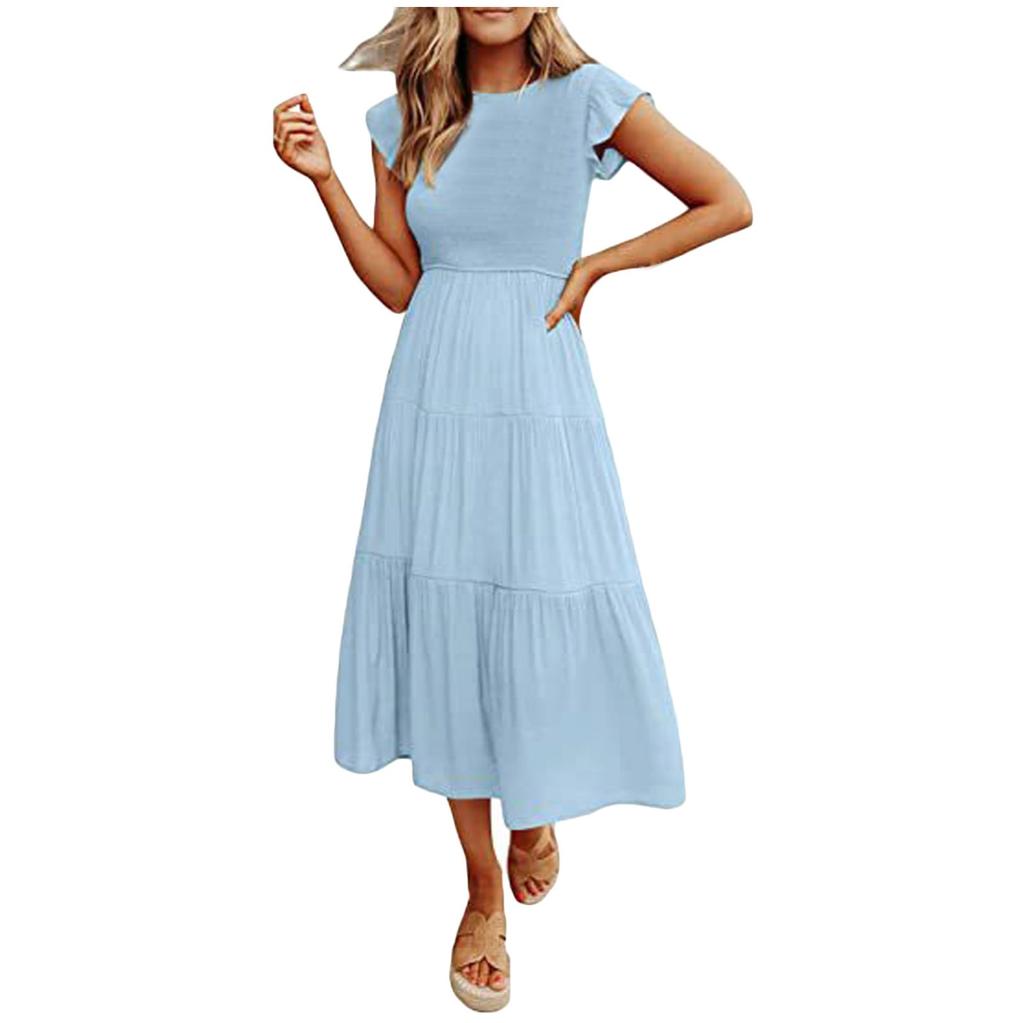 Mode Damen Freizeitkleid Mittellang Boho Schmetterlingsärmel A-Linie Langes Kleid