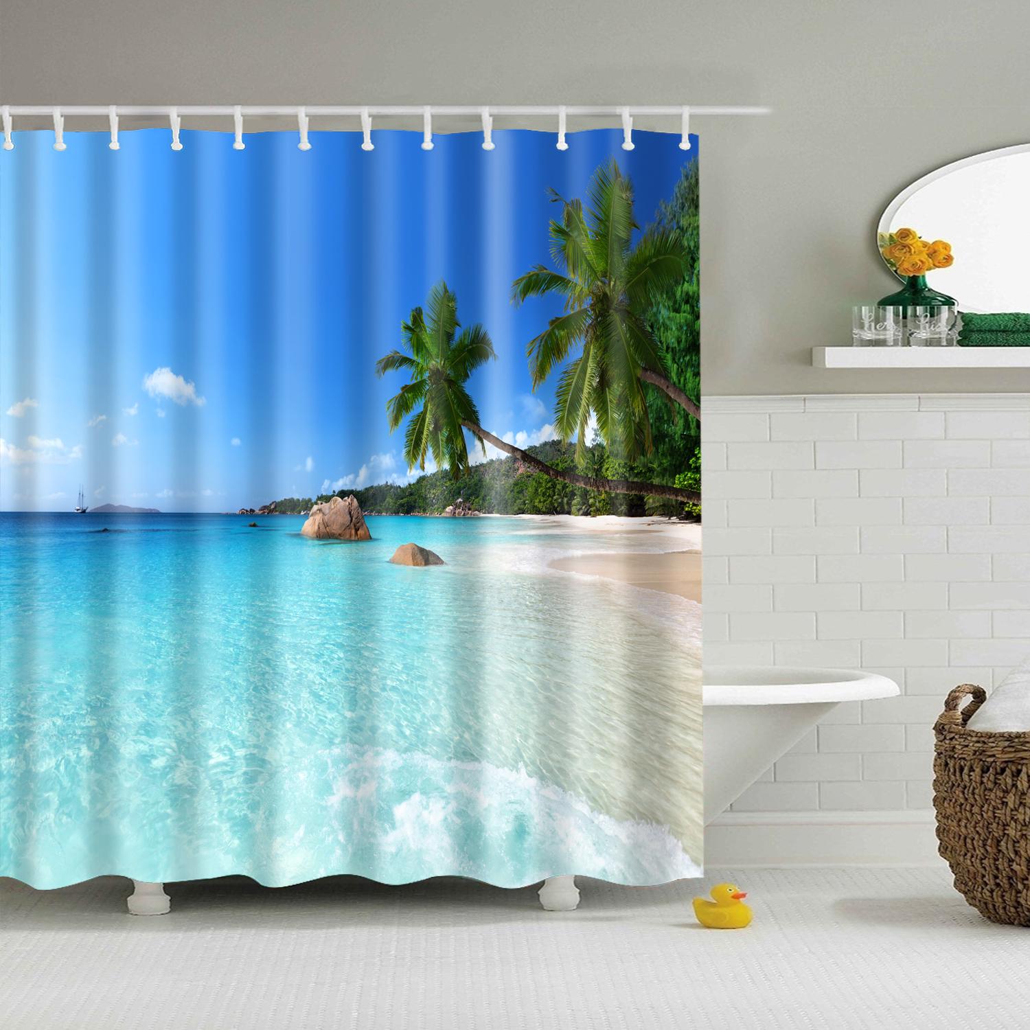 

Customized Blue sky Beach Shower Curtain Modern scenery print Bathroom 3D Blackout curtain Large 180x200cm for bathroom cortina W90xH180cm(35x70 in)