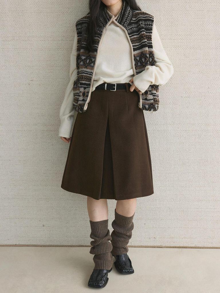 Xu Man Retro Korean Pleated Wool Midi Skirt for Women