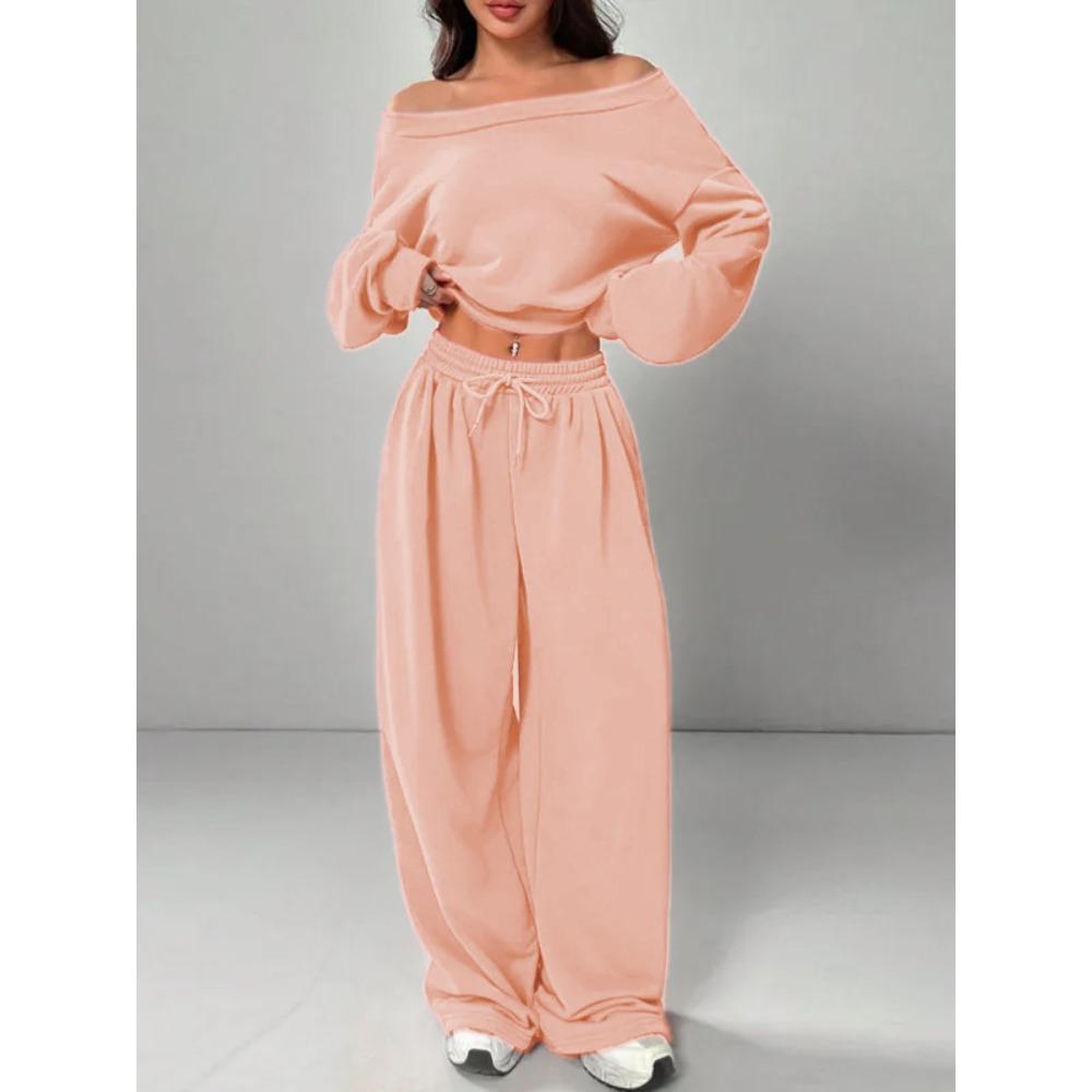 Tuta da Donna Vestibilità Larga Spalle Scoperte Manica Lunga Crop Top Vita Alta Pantaloni Larghi Tuta Due Pezzi