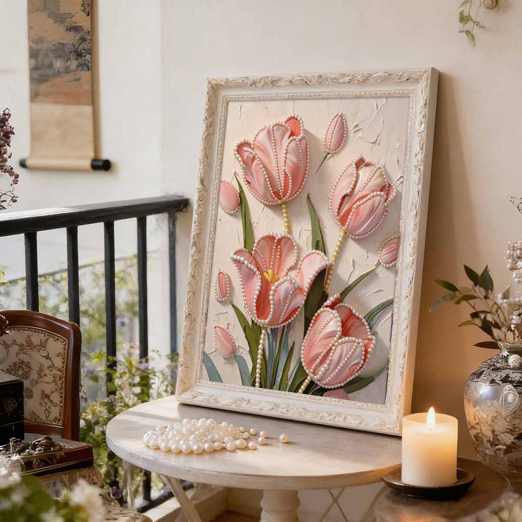 5D DIY Frameless Pearl Painting Pink Flowers Pattern Painting Kit, Suitable for Home Living Room Bedroom and Other Wall Decoration Art Paintings