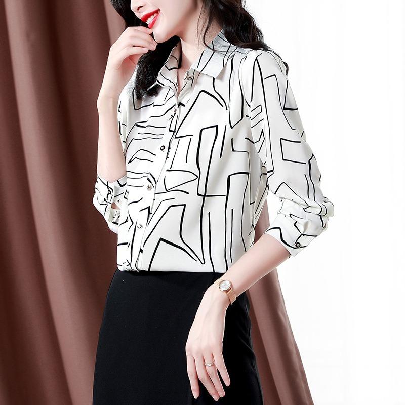 Damen Frühlings Weiß Schwarz Geometrischer Druck Hemd Revers Langarm Satin Arbeits Oberteil
