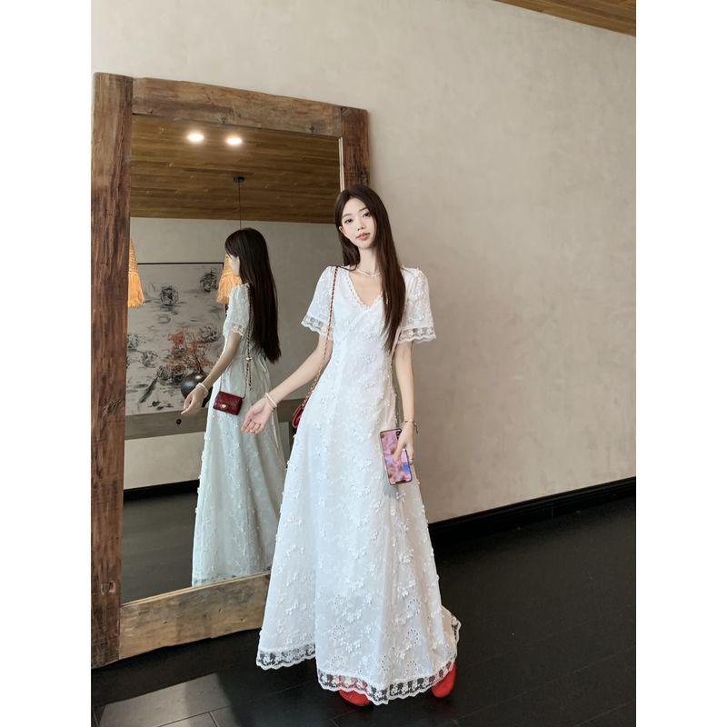 Kumikumi French Style Embroidered Lace Three-Dimensional Flower Short Sleeve Dress Women Summer Temperament Slim Fit Slimming Long Dress