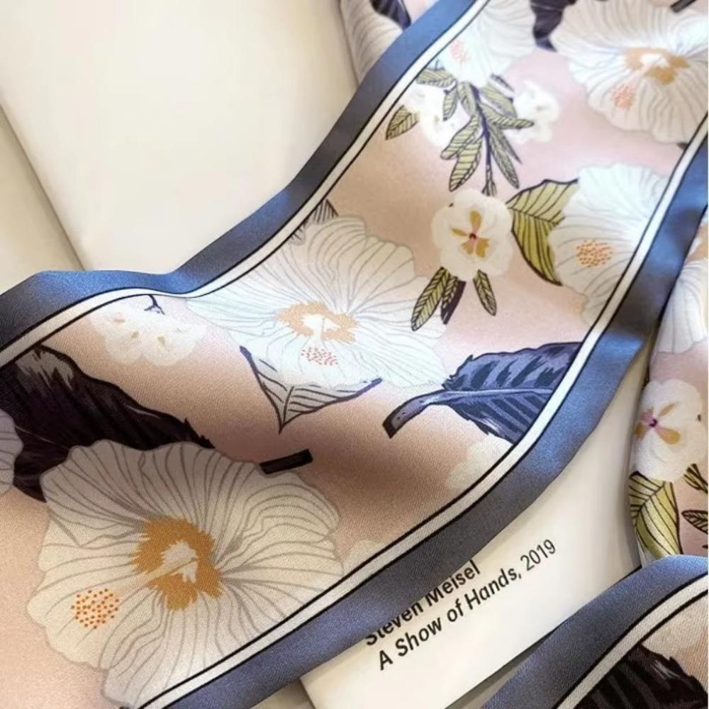 Summer Floral Silk Satin Scarf Long Narrow Thin Tied Hairband Neckerchief Bag Decoration Vacation Headscarf