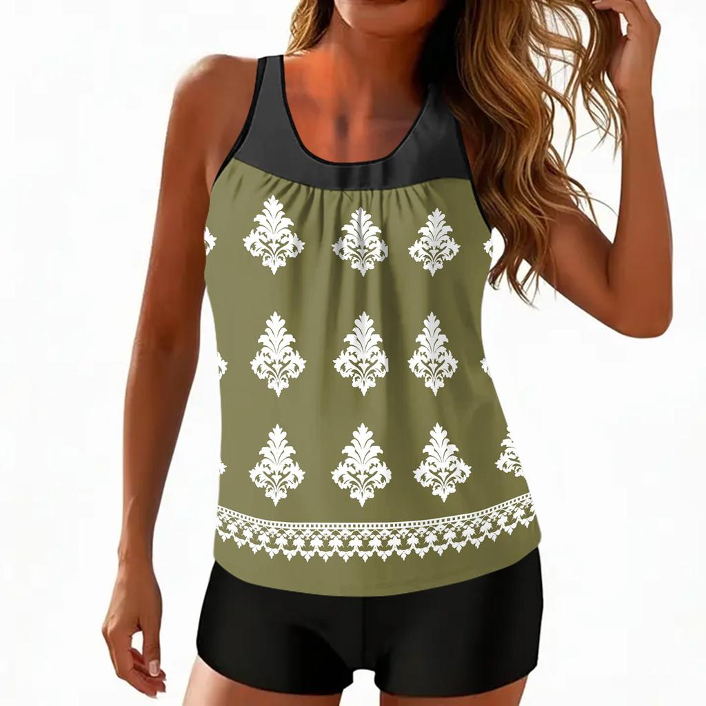 Tankini Swimsuits for Women Two Piece Modest Blouson Bathing Suit with Shorts Printed Full Coverage Swimwear