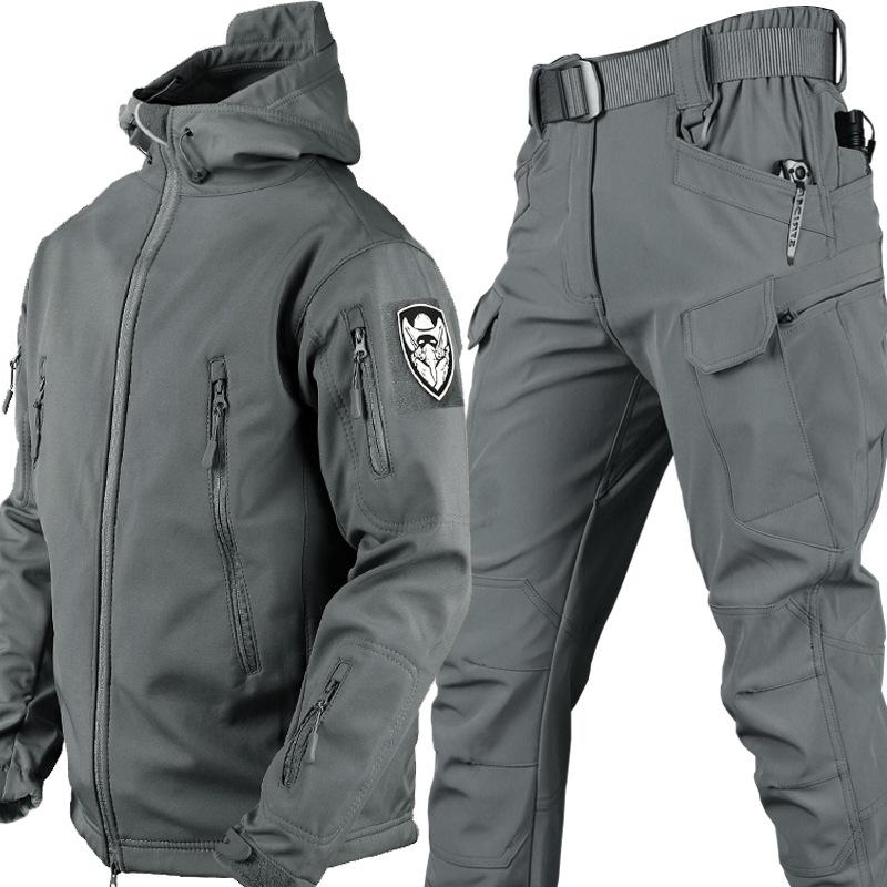 Autumn and winter tactical shark skin soft shell jacket suit men's outdoor camouflage training velvet warm windproof mountaineering suit