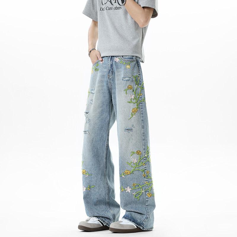 New men's jeans American high street trendy brand embroidered ripped trousers narrow straight mopping trousers