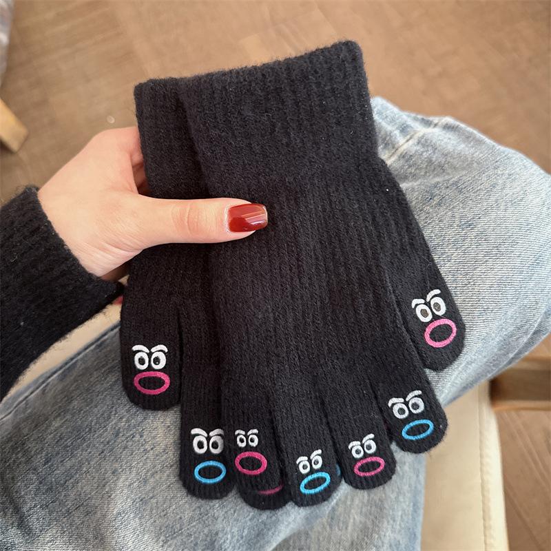 1 Pair Women'S Funny Facial Expression Knitted Gloves Full Finger Gloves Soft Crochet Mittens Cartoon Expression Driving Glove