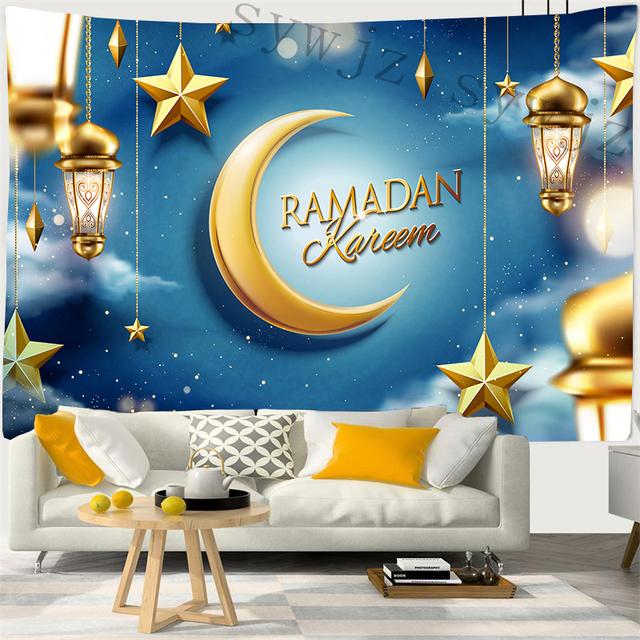 Eid Mubarak Prayer Room Background Tapestry Moon Stars Wall Hanging Art Ramadan Festival Muslim Home Decor Wall Hanging Cloth