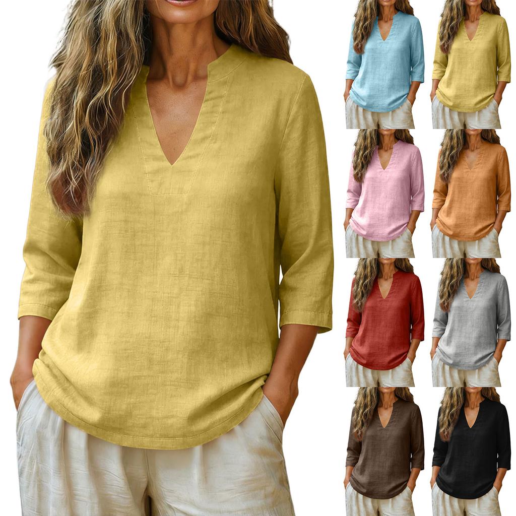 Women's Fashion Casual V-Neck Cotton-Linen Shirt Loose-Fit Short-Sleeve Top