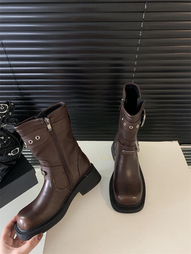 Zhao Zhaoyi's same short boots for women 2025 new cowhide Maillard fashion high-heeled belt buckle knight short boots for women