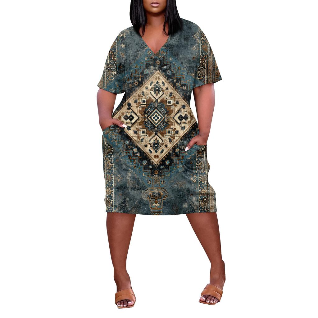 Letní nadměrné velikosti V výstřih krátký rukáv ke kolenům kapsa potisk ležérní šaty pro ženy