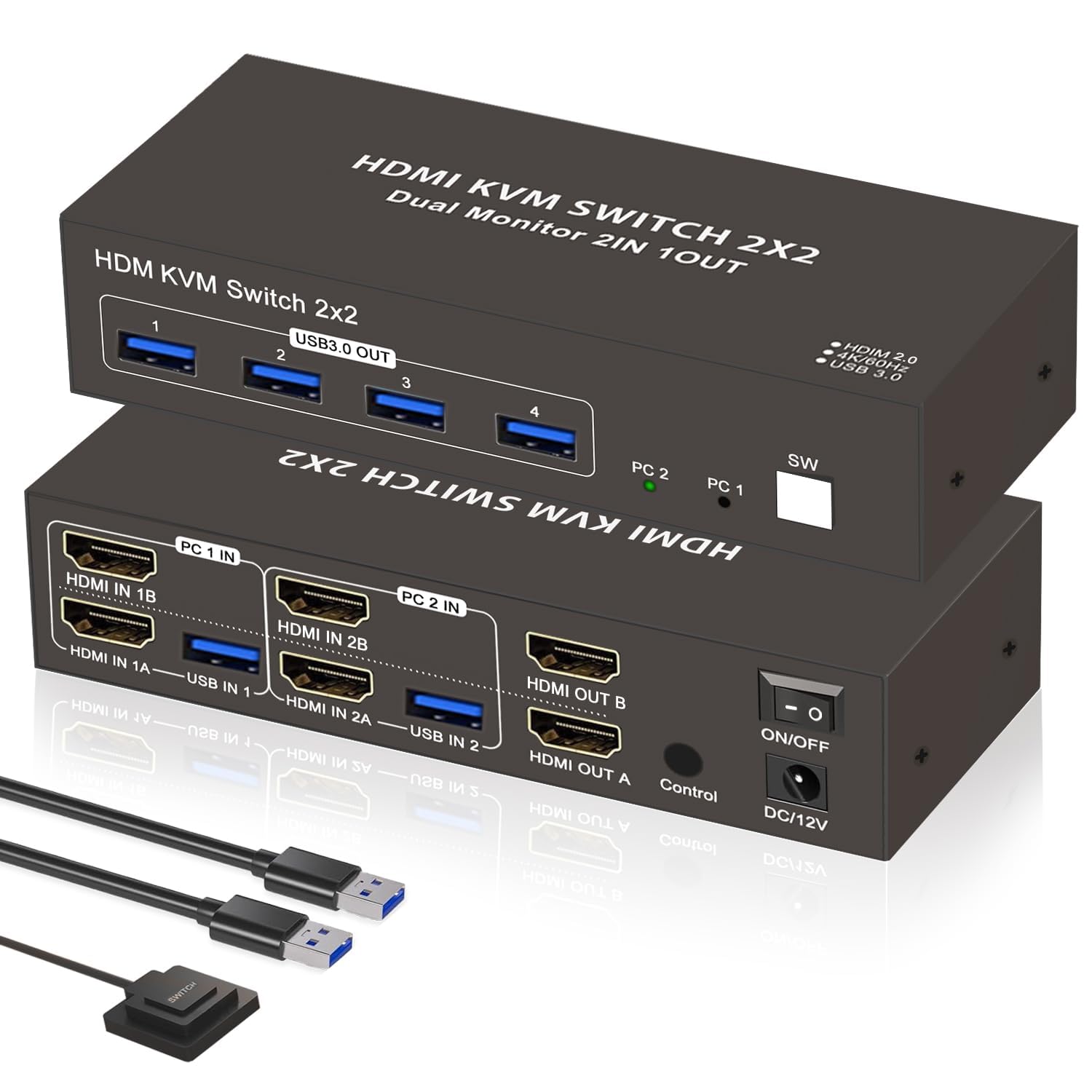 

Перемикач HDMI KVM 2PC Перемикання 4K 60Hz 2 монітори Одночасний вихід USB [Подвійний дисплей] 3.0