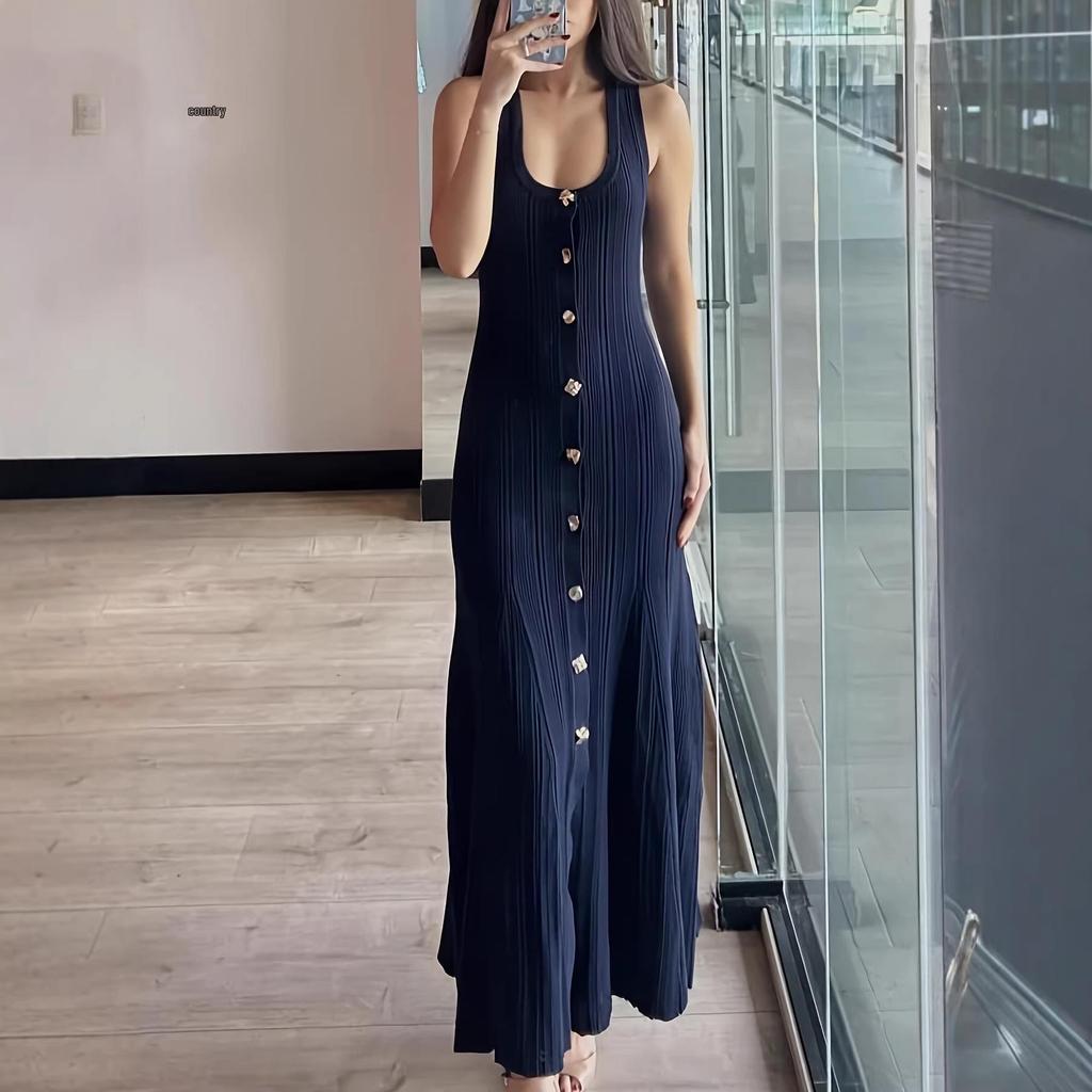 European & American Women's Elegant Knit U-Neck Vest Dress - Slimming Long Spring/Summer Design