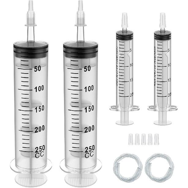2Pack 250ML Extra Large Syringe and 2Pack 20ML Plastic Syringes with Tip Adapter&Soft Tube, Sterile Individually Wrap Measurement and Dispensing