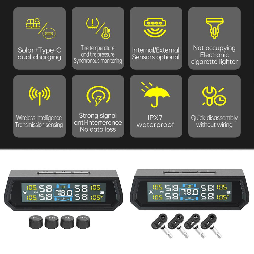 Solar/USB Powered Tire Pressure Monitoring System with 4 Sensors Wireless TPMS IPX7 Waterproof Tire Pressure Monitor System