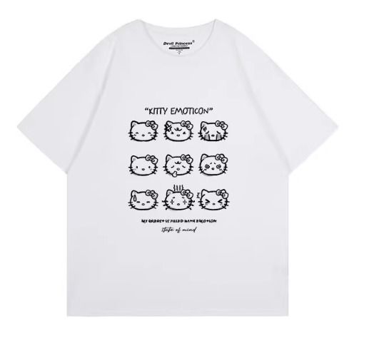 

2026 Summer Hello Kitty Kitty Emoticon Tshirt High Quality Cotton Emoji Print Unisex Casual Tee for Adults Kids S