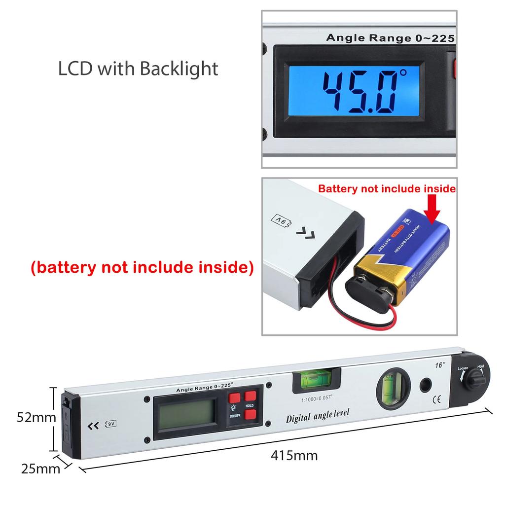 0~225° LCD Digital Protractor Spirit Level Angle Finder Gauge Meter Backlight with Portable Bag Hand Measuring Tool 255/400mm