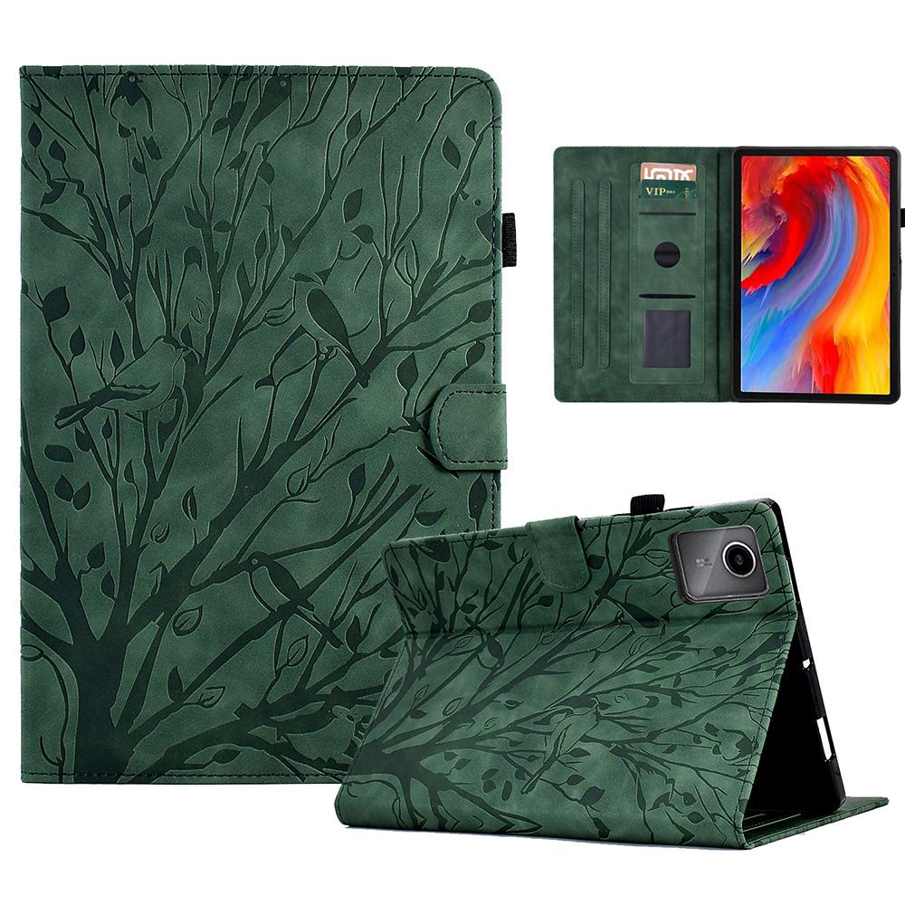 

Для Lenovo Xiaoxin Pad 11 2025 Кожаный чехол с узором дерева, отделениями для карт и подставкой Green