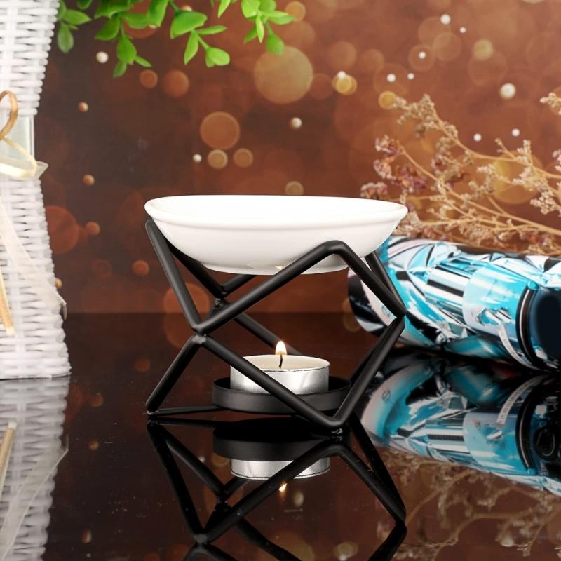 Aromatherapies Diffuser Wax Melt Burners with Ceramics Bowl Metal Tealight Holder Rack for Enhancing Home Aesthetic