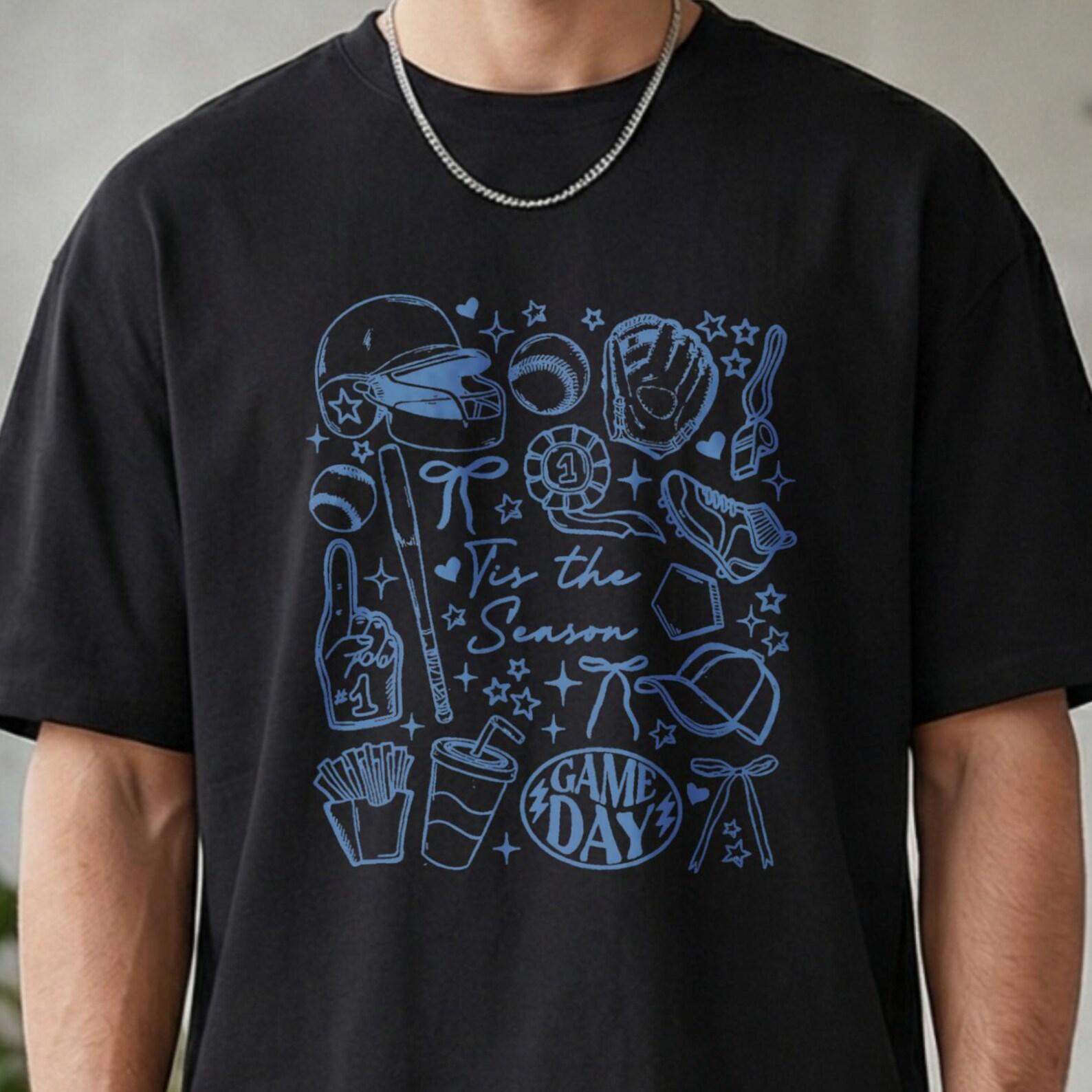 This The Season Game Day Baseball T-Shirt, Cute Blue Doodle Graphic Tee, Casual Softball Mom Fan Light Blue Game Day Season Outfit Shirt 4XL