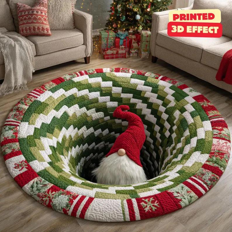 3D Illusion Santa Gnome Red Green White Carpet Non-slip Mat Rug for Christmas Tree Living Room Home Decoration 3D Effect Bedroom