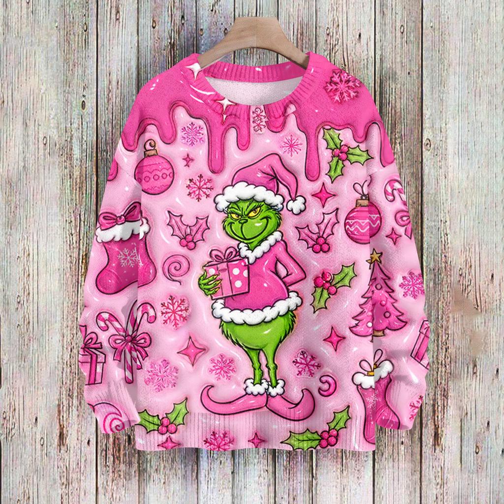Women's Casual Long Sleeve Cute Christmas Print Neck Knit Sweater