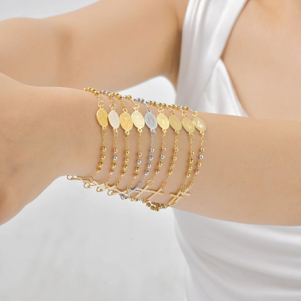 Dreifarbiger Heiliger Rosenkranz Kreuz Armband für Damen,Runde Perle Edelstahl Goldfarbe Armband,Jungfrau Maria Christentum Schmuck