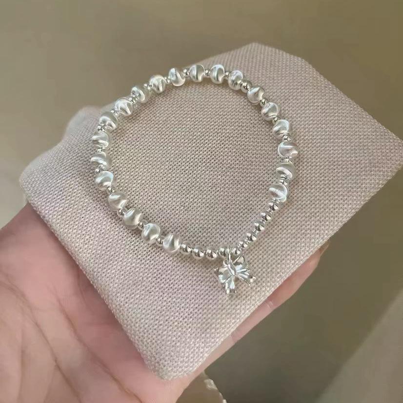 Bracelet en Argent Sterling S925 avec Nœud et Perle Œil-de-Chat pour Femmes - Fait Main & Élastique
