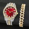 2PCs/Set Men's Fashion Watch Hip Hop Diamond Set Steel Strip Quartz Watch with Luxury Bracelet Set