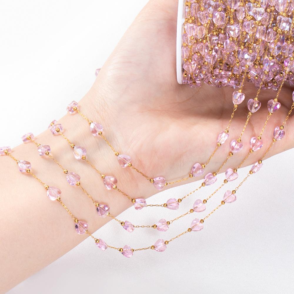 2meters 1meter Stainless Steel Love Heart Beaded Chain Clear Pink Green Crystal Chain for Necklace Bracelet Jewelry Making DIY
