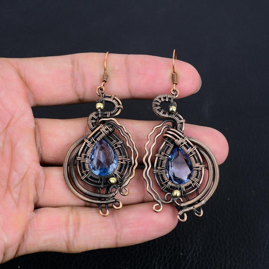 Iolite Earrings, 999 Copper Wire Wrapped Earrings Handmade Gemstone Jewelry, Gifts For Wife Brand New Earrings