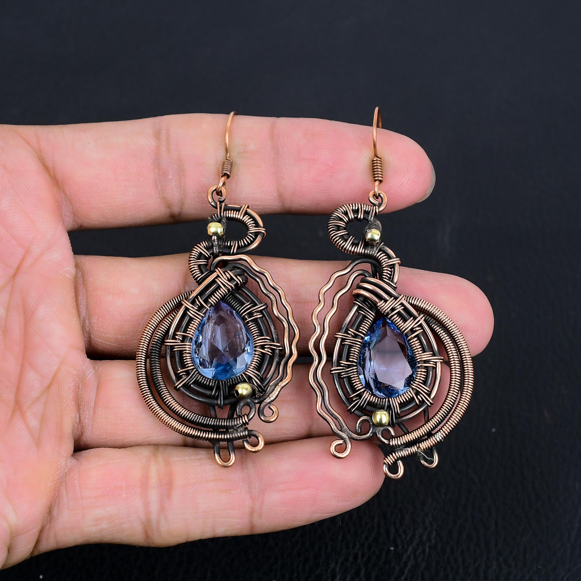 

Iolite Earrings, 999 Copper Wire Wrapped Earrings Handmade Gemstone Jewelry, Gifts For Wife Brand New Earrings 3.07 Inches